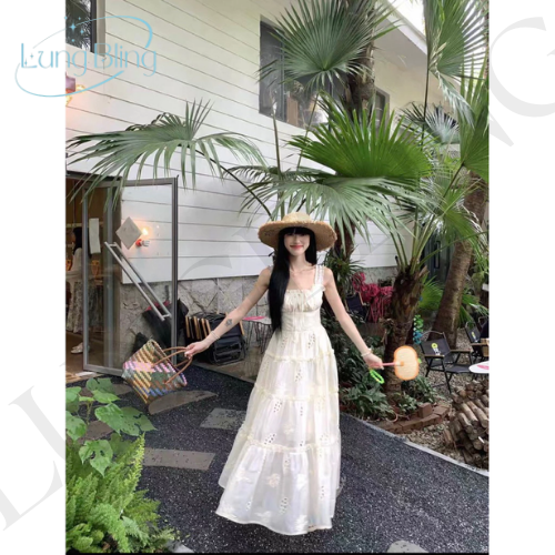 Váy maxi thêu đi biển vải tơ Nhật loại 1 may 2 lớp - Ảnh 4