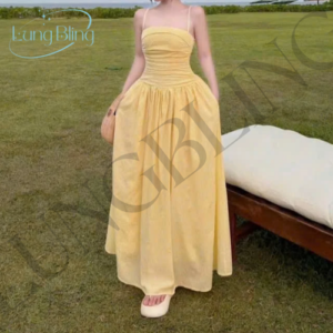 Alternative view of Đầm Maxi Đi Biển 2 Dây Cotton Hàn LYNLUX Váy Maxi Dáng Dài Nhún Ngực Xếp Ly Màu Xanh Pastel Tiểu Thư