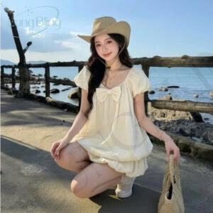 Áo Nơ Tay Phồng & Quần Short Bồng Màu Vàng