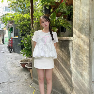 Áo Babydoll Trắng Tay Phồng Phối Nơ Hồng Nữ BBD04