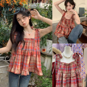 Áo Babydoll Caro Cam Hai Tầng Dây Nơ Vai Nữ Hot Nhất 2026