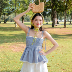 Áo Babydoll Smock Xanh Sọc Hai Dây Phối Ren Nữ BBD02