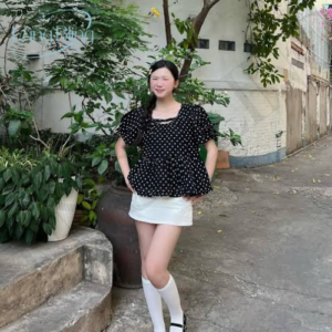 Áo Babydoll Chấm Bi Đen Tay Phồng Nữ BBD05